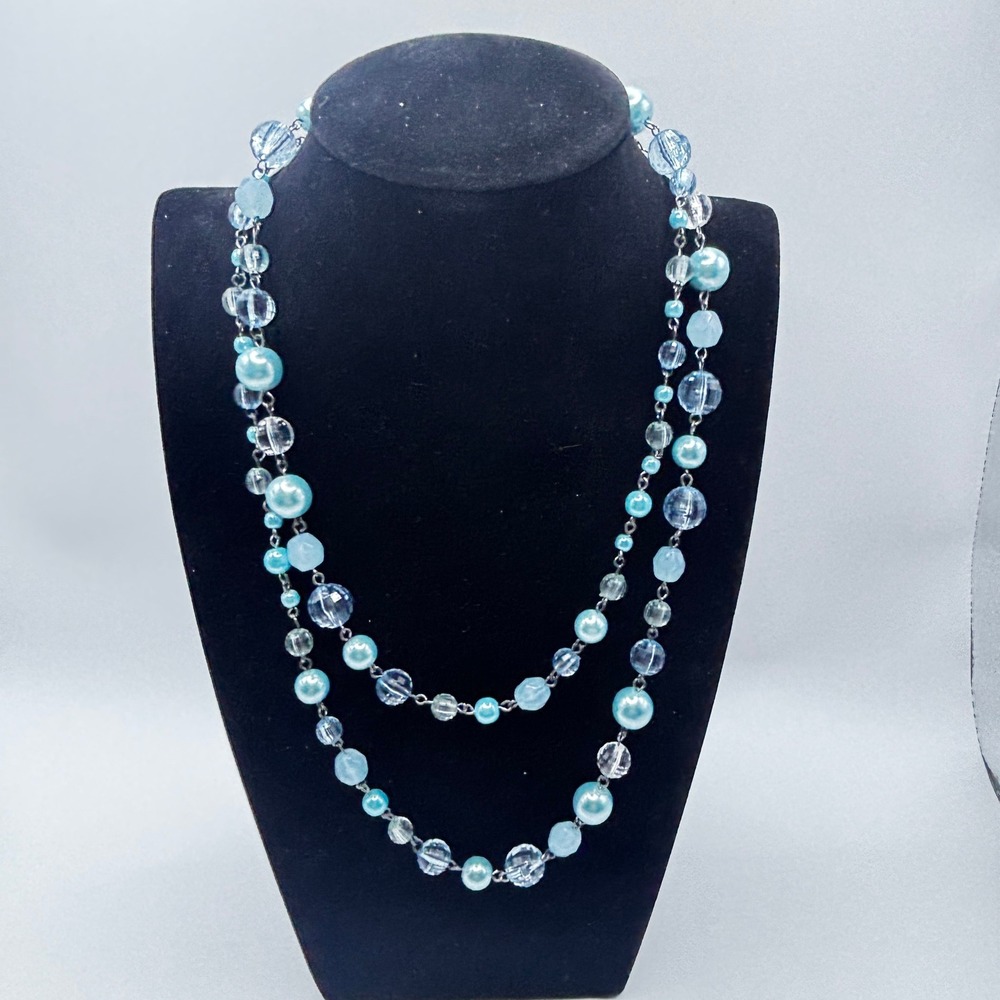 Candies Blue Faux Pearl Faceted Bead Long Station Necklace Gunmetal Tone 36 Inch